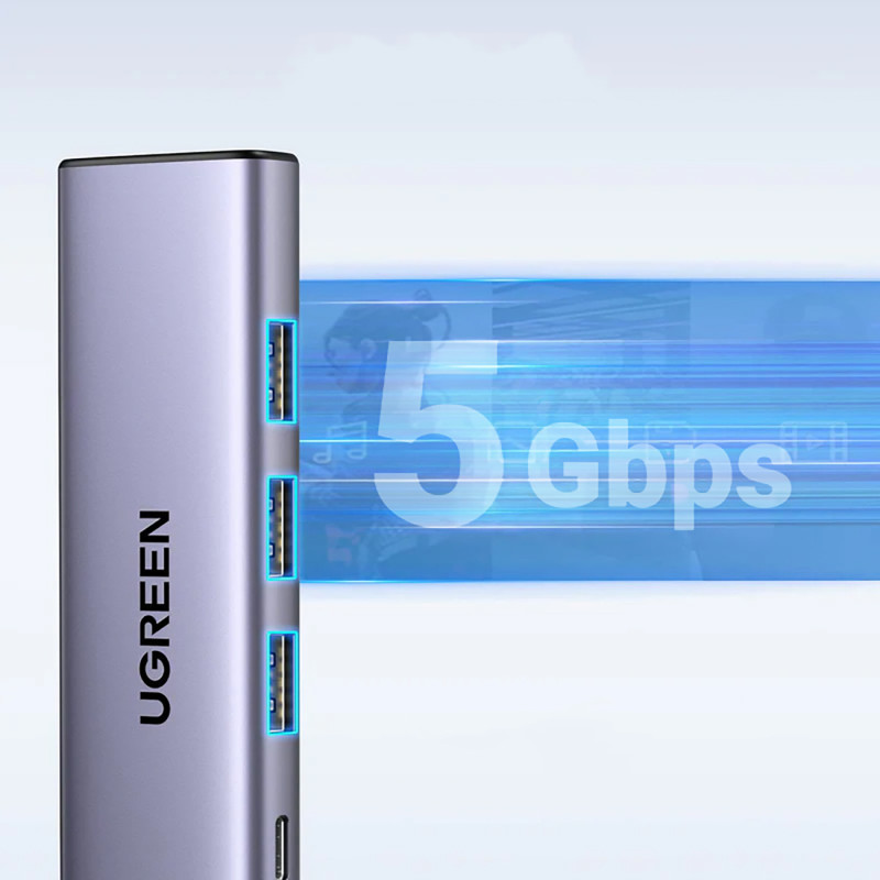 5in1 HUB adapteris USB-C - USB-C PD / HDMI / 3x USB-A 3.0 - pilka