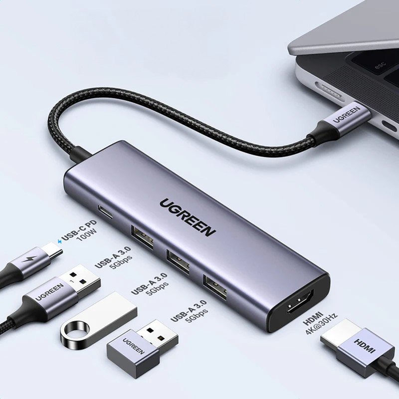 5in1 HUB adapteris USB-C - USB-C PD / HDMI / 3x USB-A 3.0 - pilka
