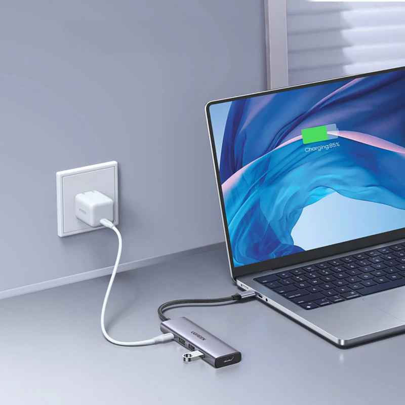 5in1 HUB adapteris USB-C - USB-C PD / HDMI / 3x USB-A 3.0 - pilka