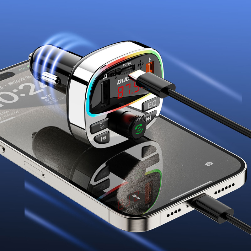 R2PRO+ automobilinis siųstuvas su PD 25W įkrovimo prievadais Bluetooth 5.3 RGB – juoda ir sidabrinė