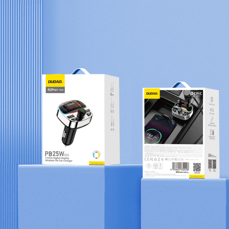 R2PRO+ automobilinis siųstuvas su PD 25W įkrovimo prievadais Bluetooth 5.3 RGB – juoda ir sidabrinė
