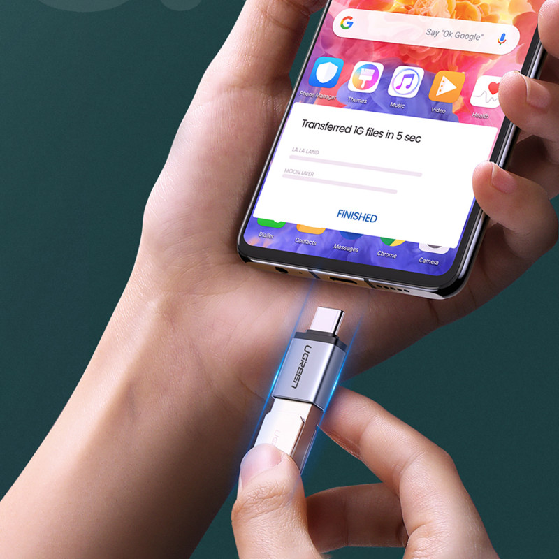 USB-C (vyriškas) – USB-A 3.0 (moteriškas) adapteris su dirželiu – pilka