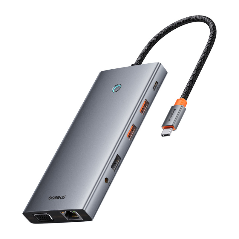 
13in1 HUB adapteris PortalJoy Series USB-C HDMI DP VGA USB-A PD RJ45 SD TF AUX – pilka
