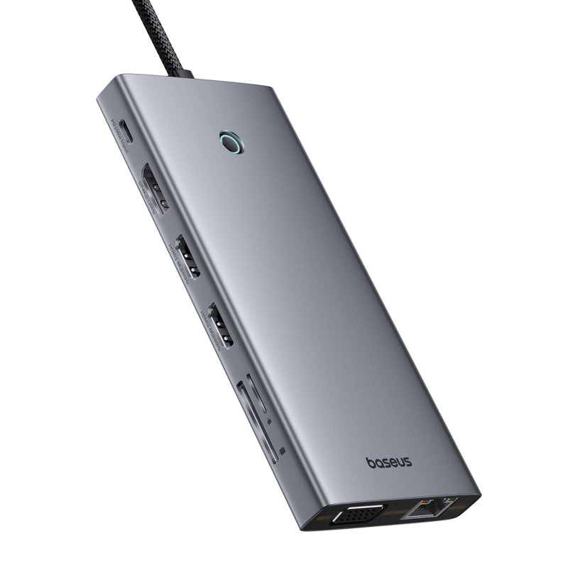 13in1 HUB adapteris PortalJoy Series USB-C HDMI DP VGA USB-A PD RJ45 SD TF AUX – pilka
