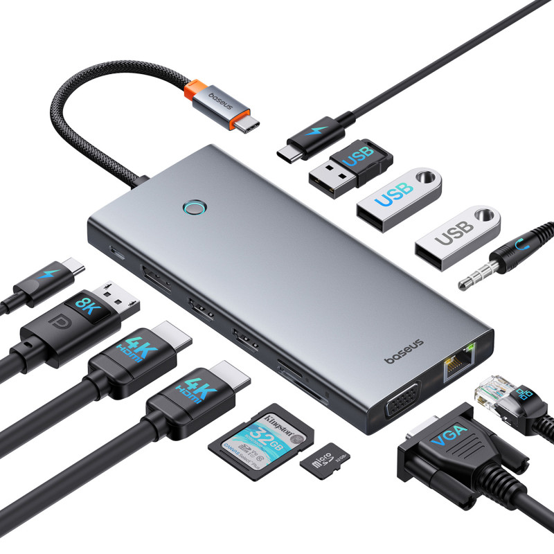 13in1 HUB adapteris PortalJoy Series USB-C HDMI DP VGA USB-A PD RJ45 SD TF AUX – pilka