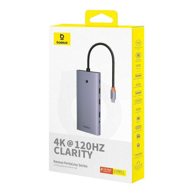 13in1 HUB adapteris PortalJoy Series USB-C HDMI DP VGA USB-A PD RJ45 SD TF AUX – pilka