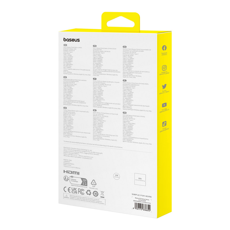 13in1 HUB adapteris PortalJoy Series USB-C HDMI DP VGA USB-A PD RJ45 SD TF AUX – pilka