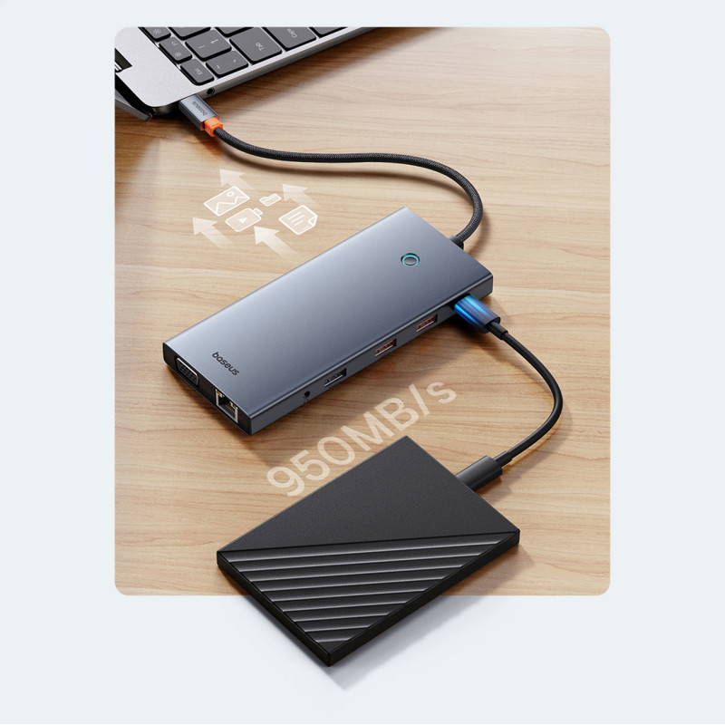 13in1 HUB adapteris PortalJoy Series USB-C HDMI DP VGA USB-A PD RJ45 SD TF AUX – pilka