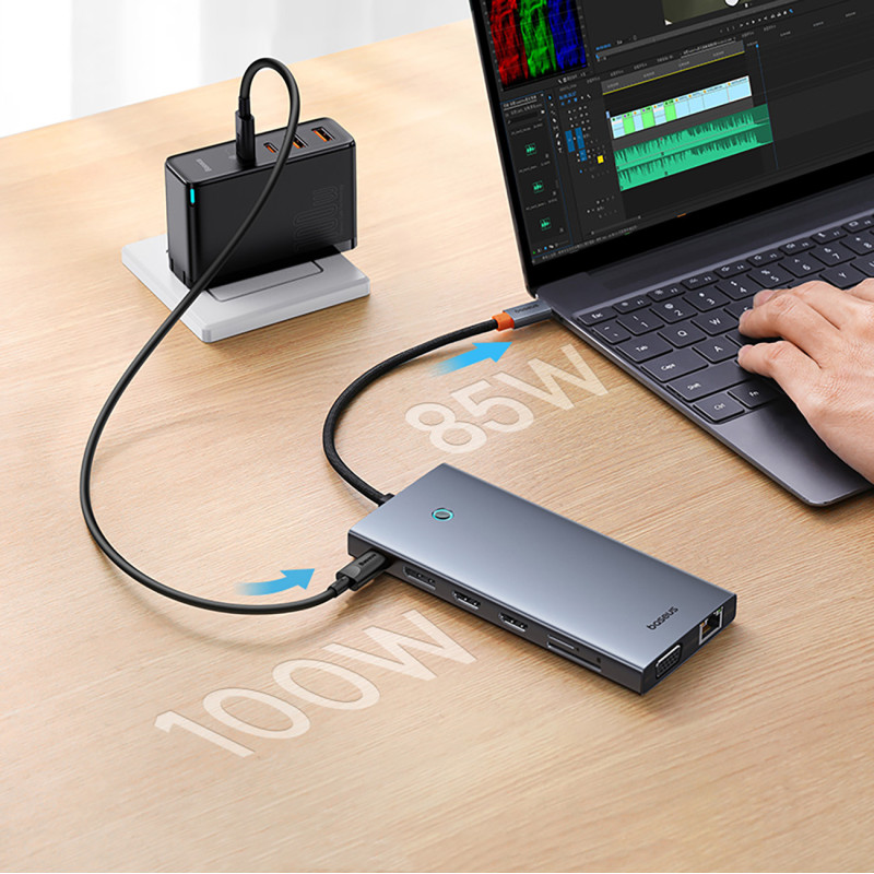 13in1 HUB adapteris PortalJoy Series USB-C HDMI DP VGA USB-A PD RJ45 SD TF AUX – pilka
