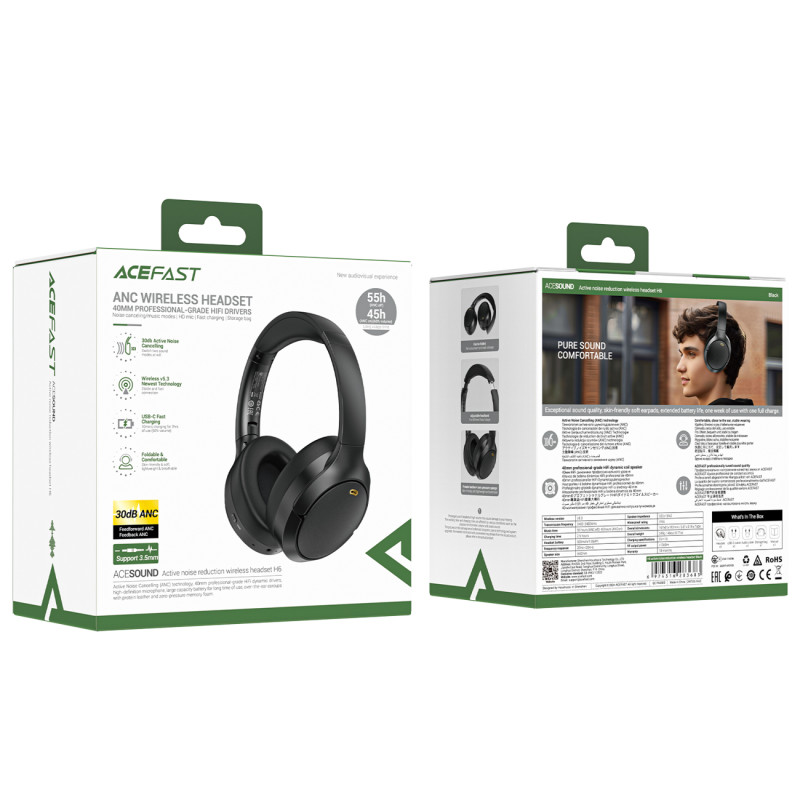 H6 ANC belaidės Bluetooth 5.3 IPX4 ausinės ant ausinių – juodos