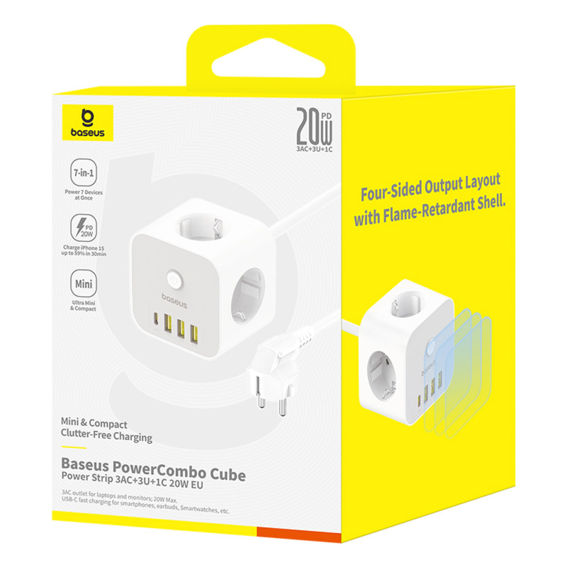 
7 viename maitinimo juosta KOSTKA PowerCombo 3x AC / 3x USB-A / 1x USB-C 20W 1,5 m - balta
