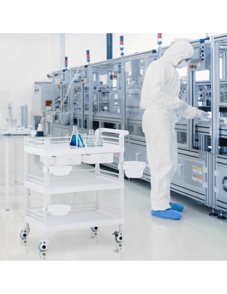 Kosmetikos laboratorinis vežimėlis 3 lentynos 2 stalčiai 3 konteineriai 83 x 53 x 99 cm 60 kg Kosmetikos laboratorinis vežimėlis 3 lentynos 2 stalčiai 3 konteineriai 83 x 53 x 99 cm 60 kg