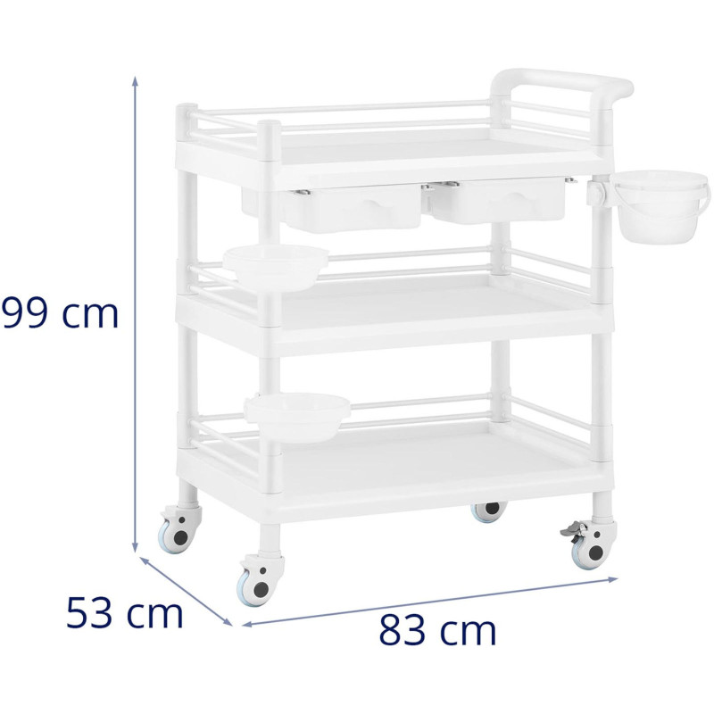 Kosmetikos laboratorinis vežimėlis 3 lentynos 2 stalčiai 3 konteineriai 83 x 53 x 99 cm 60 kg