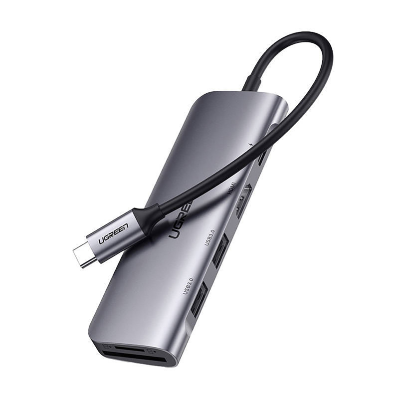 
6in1 HUB adapteris USB-C – HDMI USB-A USB-C PD SD TF skaitytuvas – pilkas
