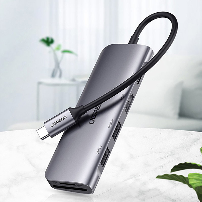 6in1 HUB adapteris USB-C – HDMI USB-A USB-C PD SD TF skaitytuvas – pilkas