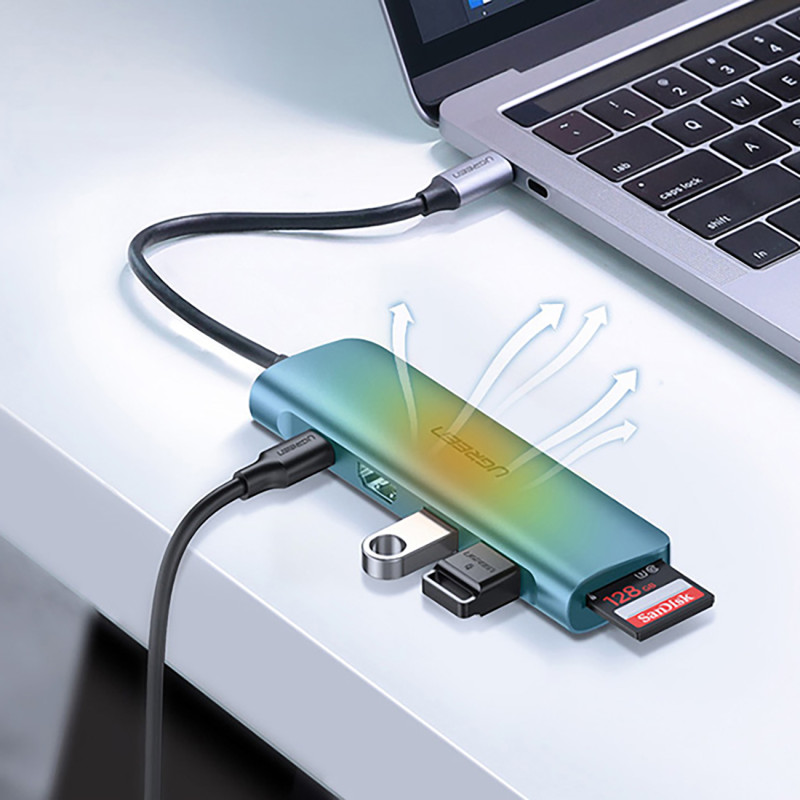 6in1 HUB adapteris USB-C – HDMI USB-A USB-C PD SD TF skaitytuvas – pilkas