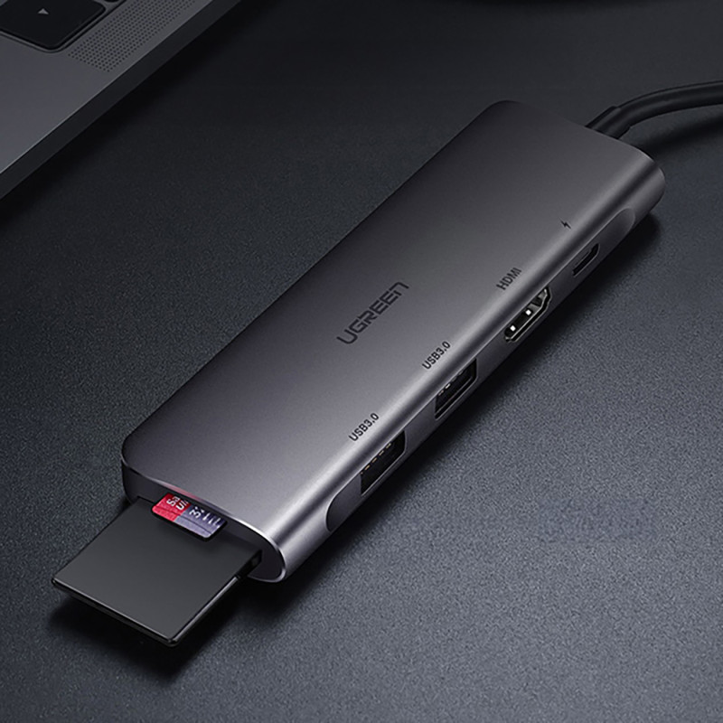 6in1 HUB adapteris USB-C – HDMI USB-A USB-C PD SD TF skaitytuvas – pilkas