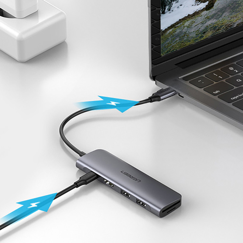 6in1 HUB adapteris USB-C – HDMI USB-A USB-C PD SD TF skaitytuvas – pilkas