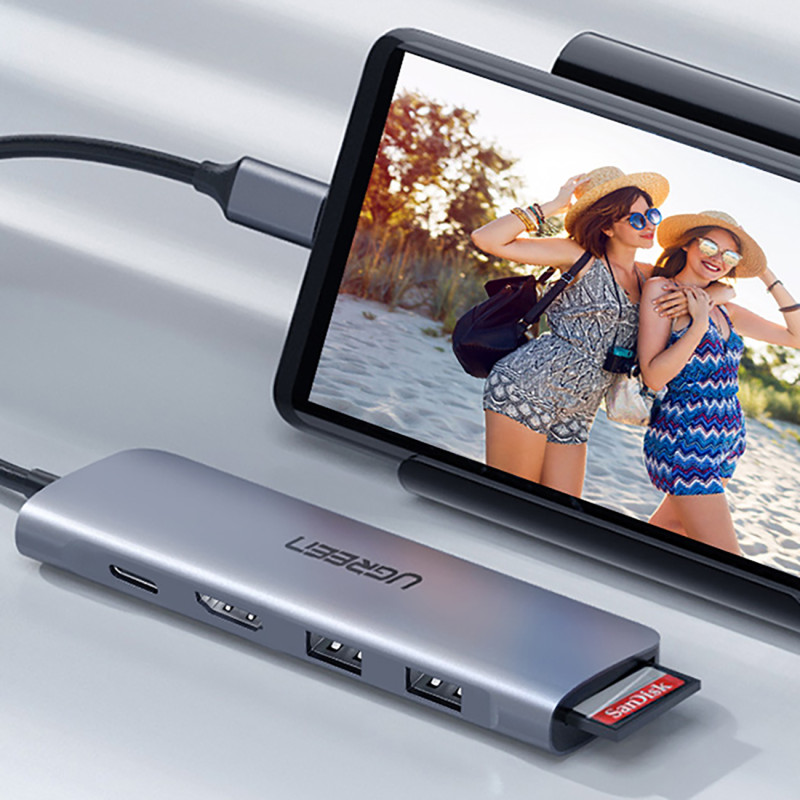 6in1 HUB adapteris USB-C – HDMI USB-A USB-C PD SD TF skaitytuvas – pilkas
