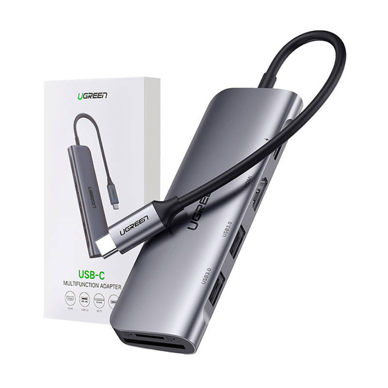 6in1 HUB adapteris USB-C – HDMI USB-A USB-C PD SD TF skaitytuvas – pilkas