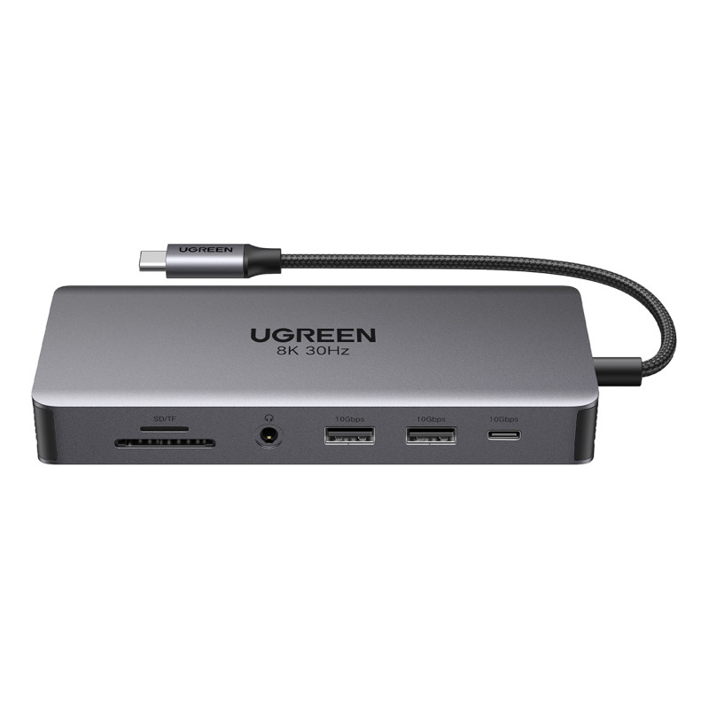
13in1 HUB adapteris USB-C - USB-A / USB-C / HDMI / DisplayPort / RJ45 / SD TF / AUX / USB-C PD - pilka
