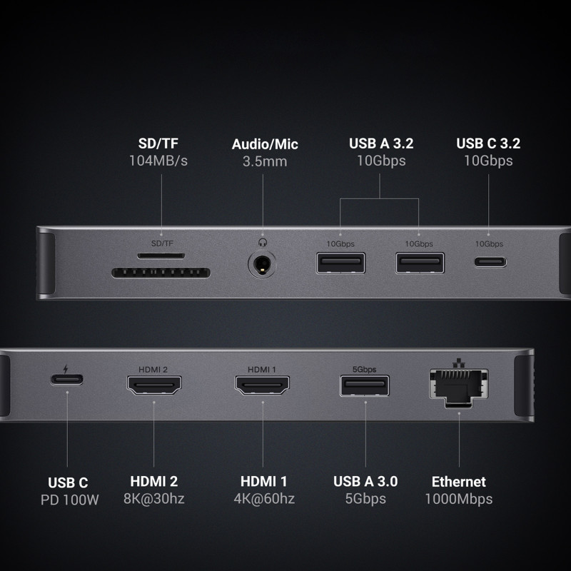 13in1 HUB adapteris USB-C - USB-A / USB-C / HDMI / DisplayPort / RJ45 / SD TF / AUX / USB-C PD - pilka
