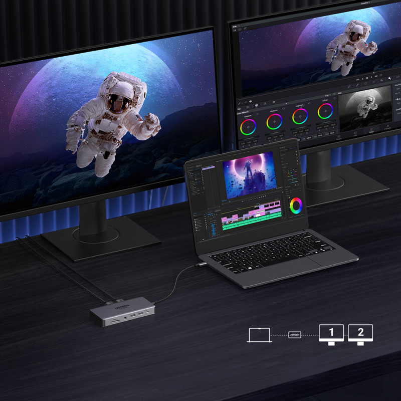 13in1 HUB adapteris USB-C - USB-A / USB-C / HDMI / DisplayPort / RJ45 / SD TF / AUX / USB-C PD - pilka