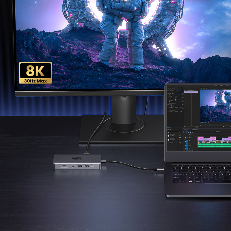 13in1 HUB adapteris USB-C - USB-A / USB-C / HDMI / DisplayPort / RJ45 / SD TF / AUX / USB-C PD - pilka