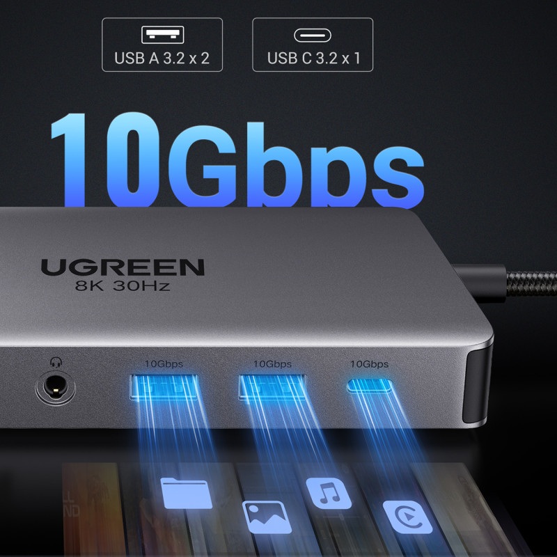 13in1 HUB adapteris USB-C - USB-A / USB-C / HDMI / DisplayPort / RJ45 / SD TF / AUX / USB-C PD - pilka