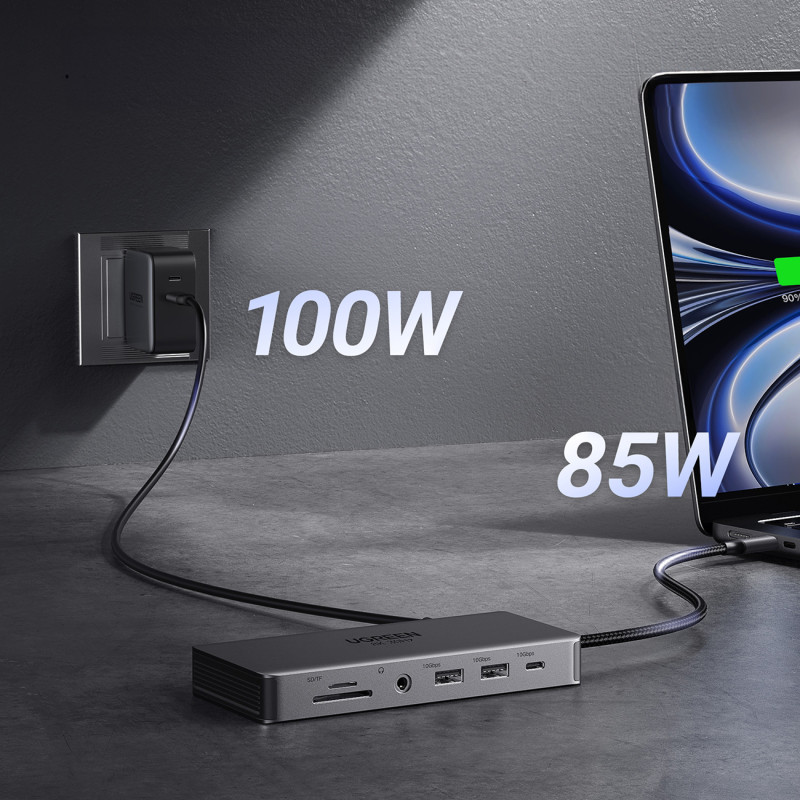 13in1 HUB adapteris USB-C - USB-A / USB-C / HDMI / DisplayPort / RJ45 / SD TF / AUX / USB-C PD - pilka