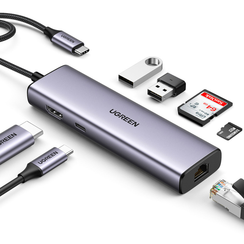 HUB adapteris USB-C - USB-A / HDMI / RJ45 / SD ir TF kortelių skaitytuvas / USB-C PD 100W - pilka