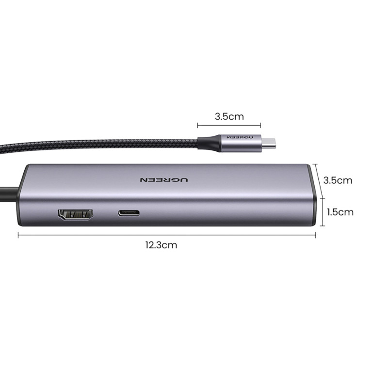 HUB adapteris USB-C - USB-A / HDMI / RJ45 / SD ir TF kortelių skaitytuvas / USB-C PD 100W - pilka