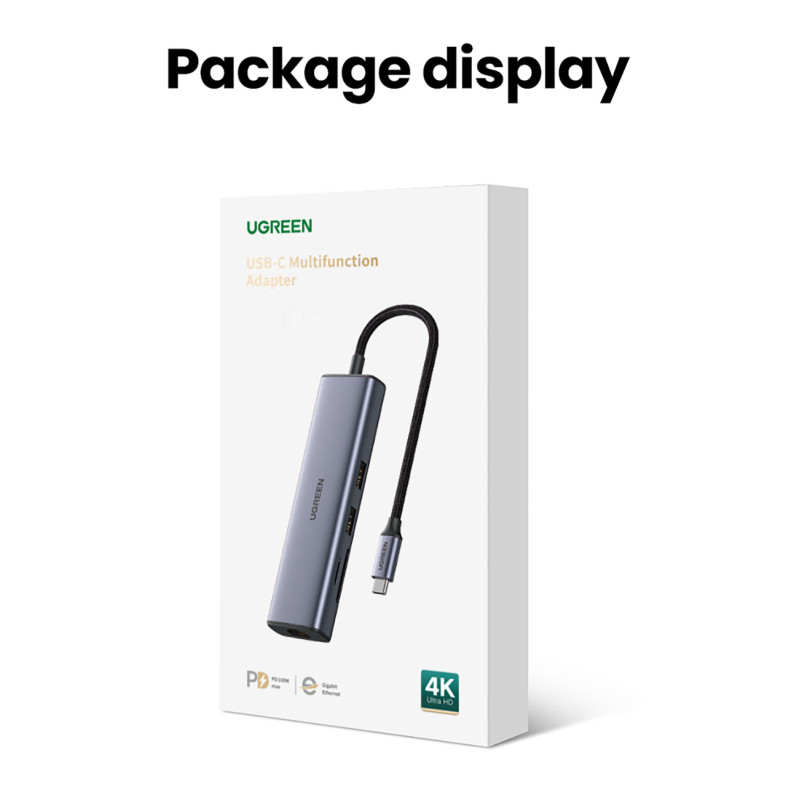 HUB adapteris USB-C - USB-A / HDMI / RJ45 / SD ir TF kortelių skaitytuvas / USB-C PD 100W - pilka