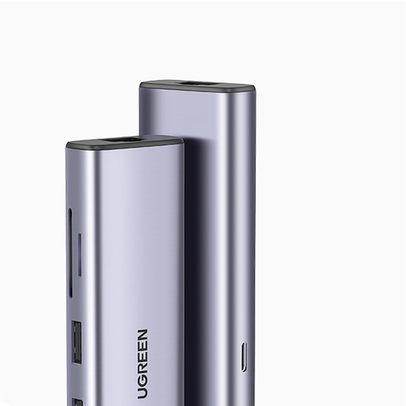 HUB adapteris USB-C - USB-A / HDMI / RJ45 / SD ir TF kortelių skaitytuvas / USB-C PD 100W - pilka