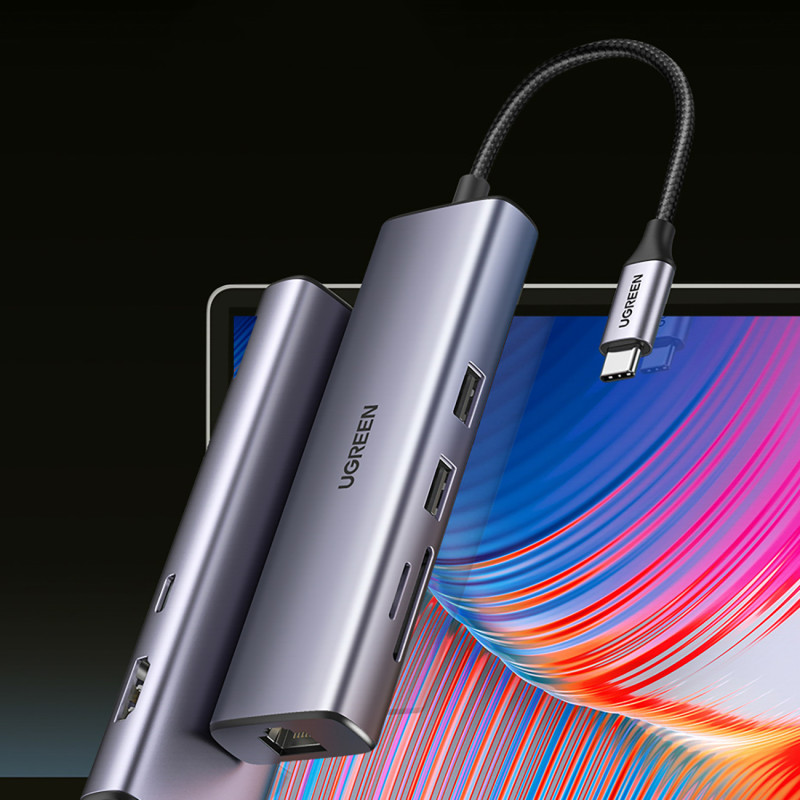 HUB adapteris USB-C - USB-A / HDMI / RJ45 / SD ir TF kortelių skaitytuvas / USB-C PD 100W - pilka