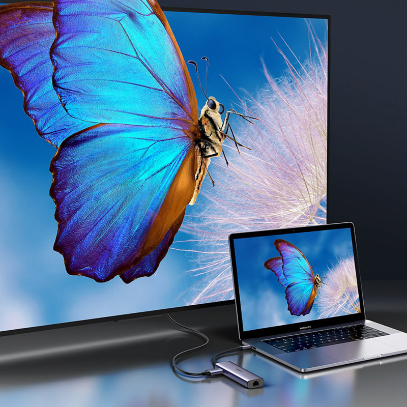 HUB adapteris USB-C - USB-A / HDMI / RJ45 / SD ir TF kortelių skaitytuvas / USB-C PD 100W - pilka