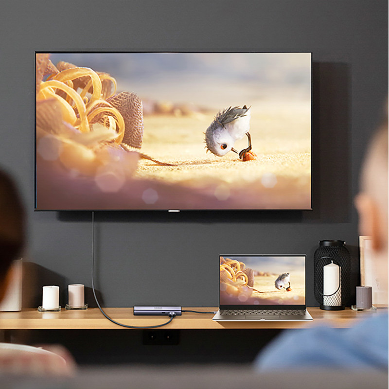 HUB adapteris USB-C - USB-A / HDMI / RJ45 / SD ir TF kortelių skaitytuvas / USB-C PD 100W - pilka