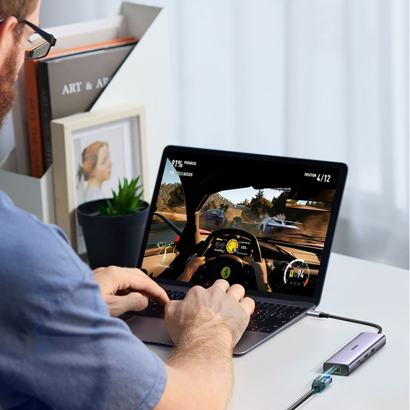 HUB adapteris USB-C - USB-A / HDMI / RJ45 / SD ir TF kortelių skaitytuvas / USB-C PD 100W - pilka