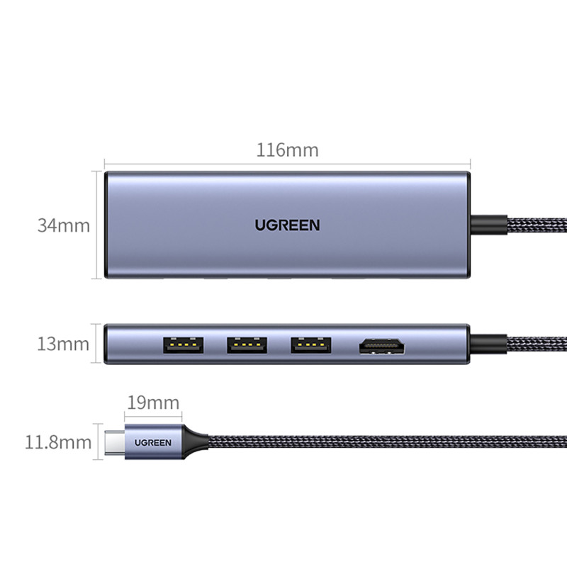 6in1 HUB adapteris USB-C – HDMI / USB-A / SD TF kortelių skaitytuvas – pilka