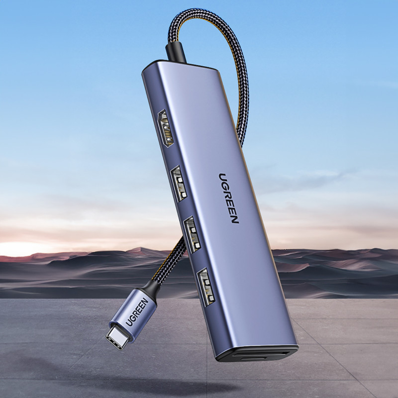 6in1 HUB adapteris USB-C – HDMI / USB-A / SD TF kortelių skaitytuvas – pilka