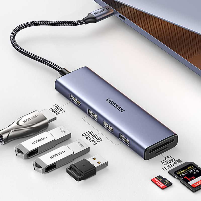 6in1 HUB adapteris USB-C – HDMI / USB-A / SD TF kortelių skaitytuvas – pilka