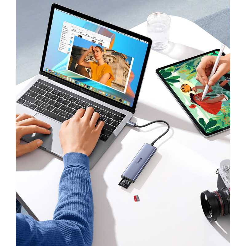 6in1 HUB adapteris USB-C – HDMI / USB-A / SD TF kortelių skaitytuvas – pilka