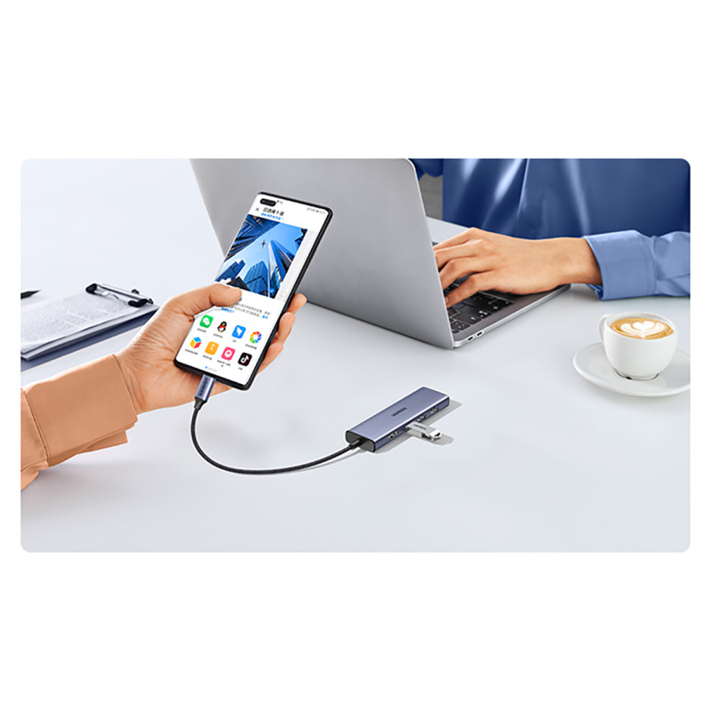 6in1 HUB adapteris USB-C – HDMI / USB-A / SD TF kortelių skaitytuvas – pilka