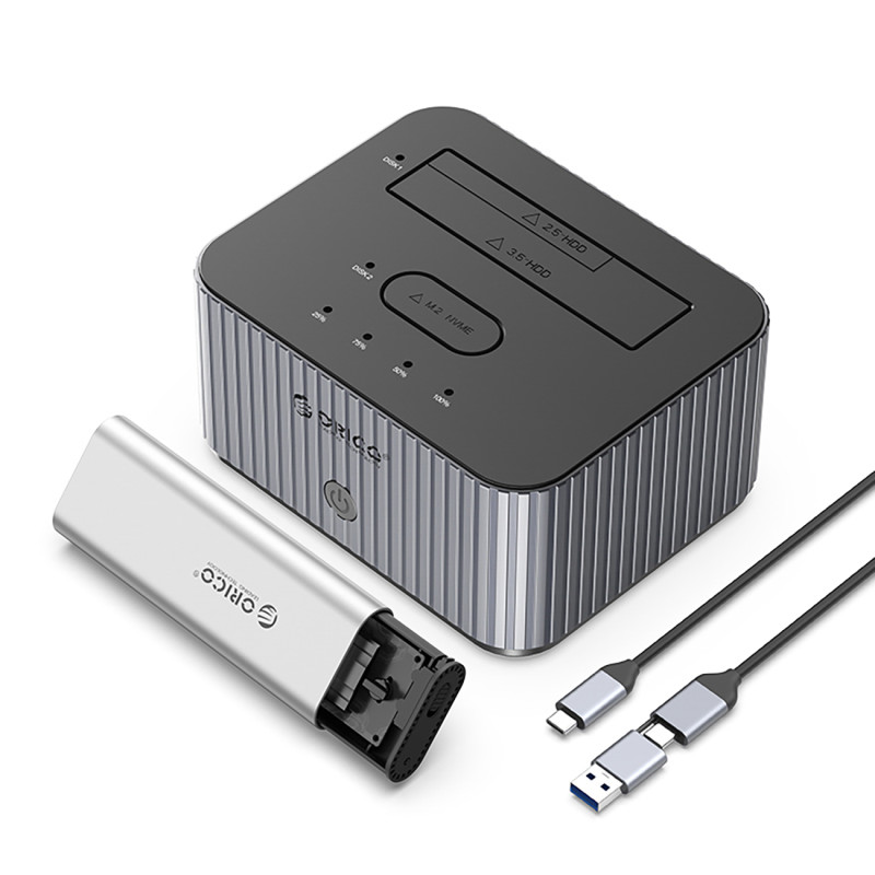 
IT28E-C prijungimo stotis su klonavimo funkcija, skirta 2 x M.2 NVME 2,5 colio / 3,5 HDD / 2,5 colio SSD – pilka
