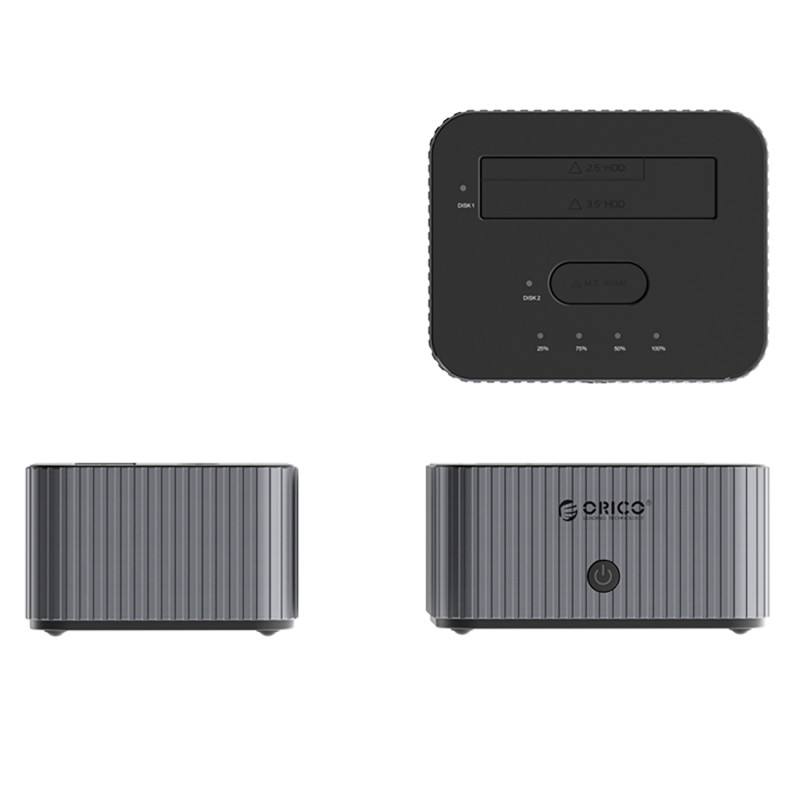 IT28E-C prijungimo stotis su klonavimo funkcija, skirta 2 x M.2 NVME 2,5 colio / 3,5 HDD / 2,5 colio SSD – pilka