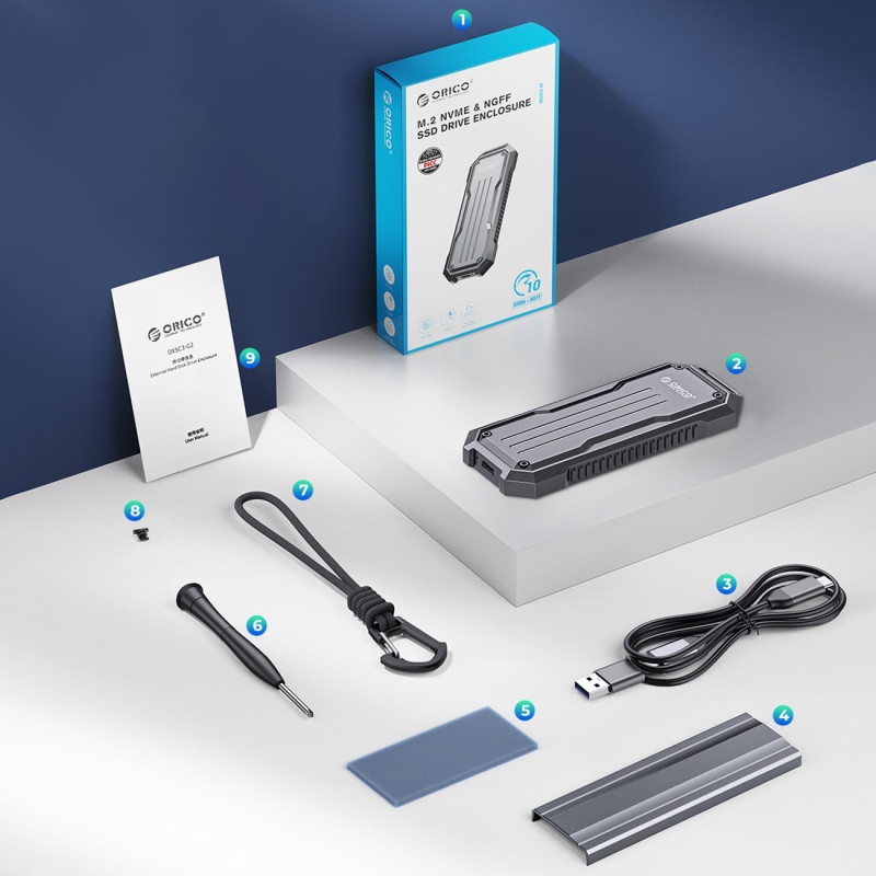 OXS2C3-G2 M.2 NVMe / SATA SSD USB-C sustiprinta taktinio disko vieta – pilka