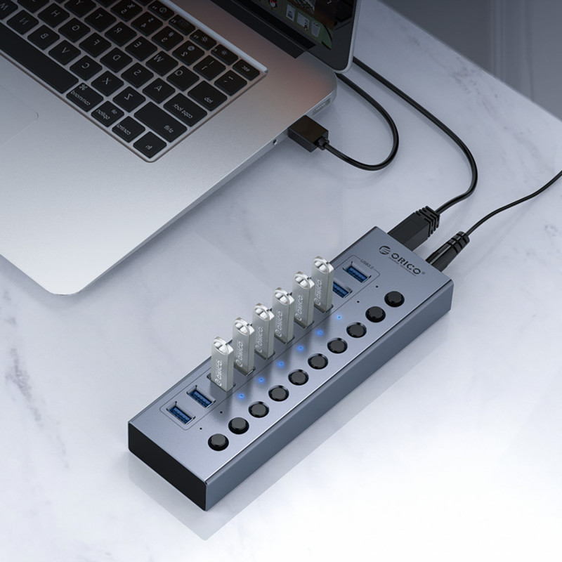 BT2U3-10AB šakotuvas su 10x USB-A jungikliais – pilka
