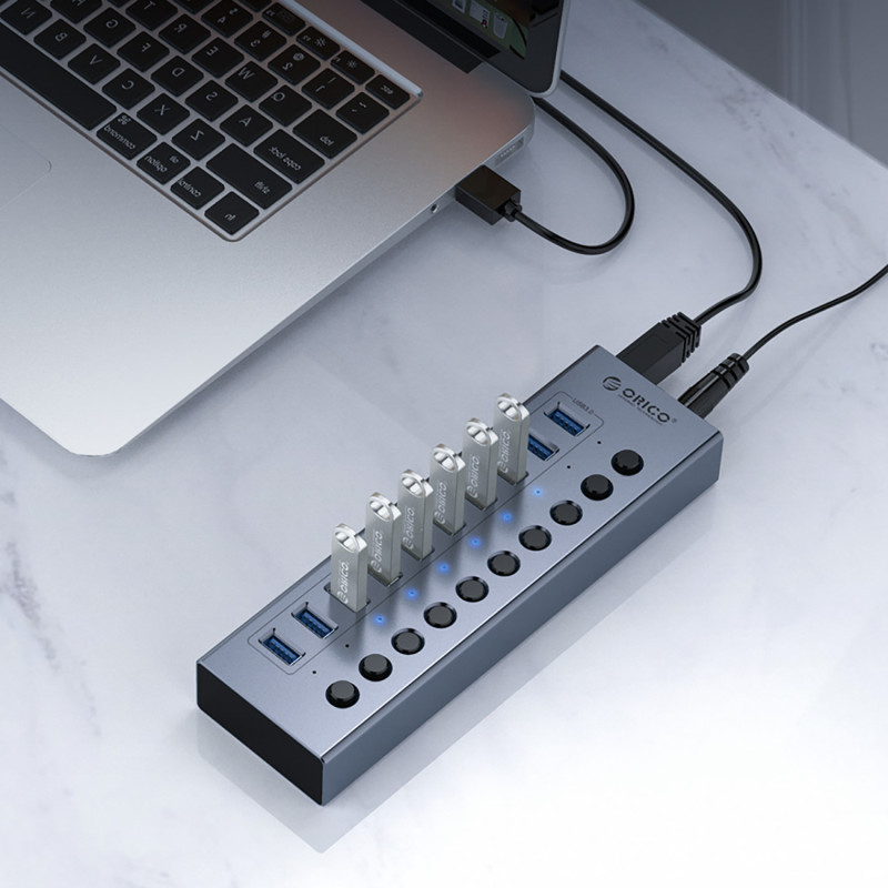 BT2U3-16AB šakotuvas su 16x USB-A jungikliais – pilka