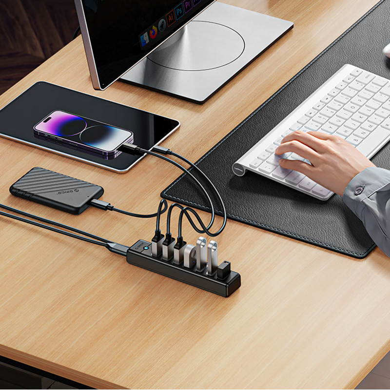 Stebulės skirstytuvas PW7U-U3 7x USB-A USB-C 5V 3A 1m – juodas