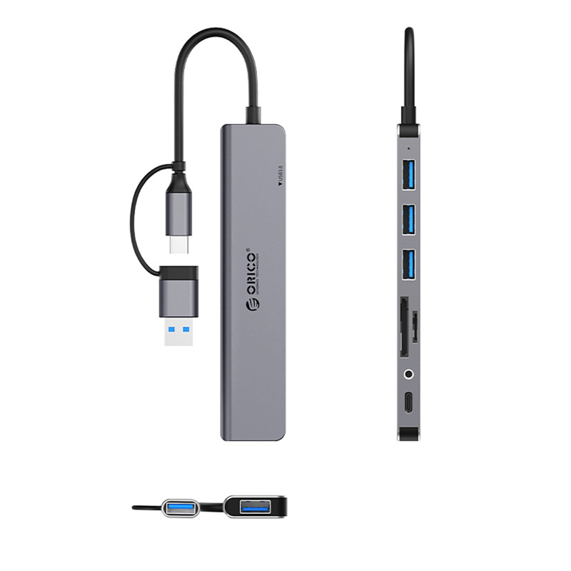 Hub YSA8-U3 prijungimo stotis USB-A / USB-C į USB-A USB-C 3,5 mm garso TF SD – pilka